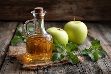 Glass Bottle of Apple Cider Vinegar with Fresh Green Apples and Leaves on Rustic Wooden Surface