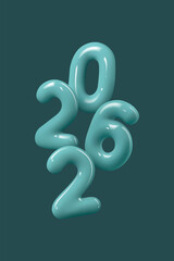 2026 New Year numbers. Teal color glossy 3d elements for New Year and Christmas design. Vector illustration.