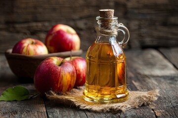 Fresh Apples with Glass Bottle of Apple Cider on Rustic Wooden Table