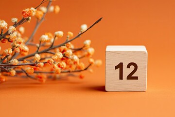 Decorative Wooden Calendar Block with Number Twelve and Blooming Branch on Warm Orange Background