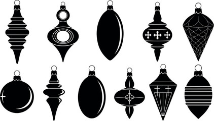 Set of black Christmas ornament silhouettes, assorted vintage bauble shapes, decorative holiday balls, and winter icons for seasonal graphic design.