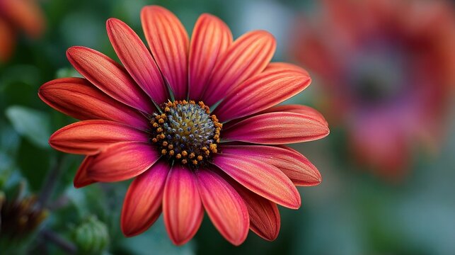 Vibrant African daisy blooms with fiery orange-red petals and a deep purple center, showcasing nature's intricate beauty in a soft-focus garden background. - Powered by Adobe