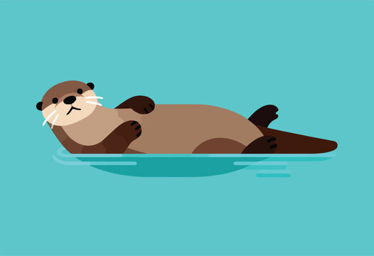 Cartoon otter floats on blue water, relaxed and facing viewer. Brown body with black paws, small eyes, & white whiskers