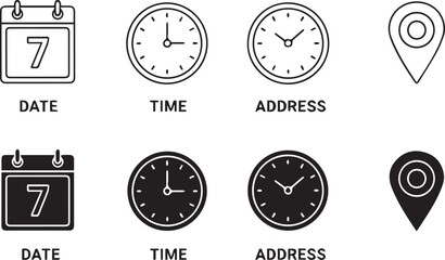 Black and white Date Time and Address icons set for schedule planning or contact information on white background