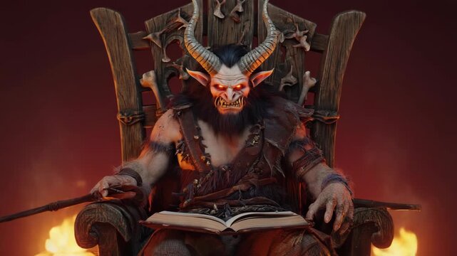Krampus, wearing heavy chains, intently studying a collection of ancient scrolls and papers under the warm glow of flickering torchlight, diligently planning his festive retribution for bad kids