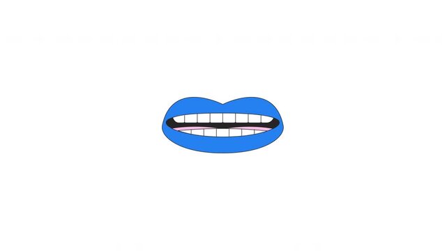 Talking blue mouth with visible teeth 2D cartoon object animation. Open lips speaking with tongue. Oral symbol. Communication expression animated flat colorful item 4K video isolated on white