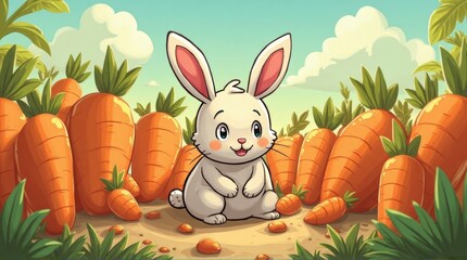 Cute White Bunny Sitting Among Large Orange Carrots in Garden Scene