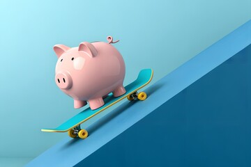 Accelerate your savings with this playful pink piggy bank riding a cool teal skateboard, perfect for financial growth campaigns and modern money management ads