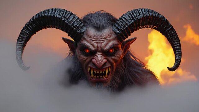 Krampus emerging from a fiery, misty abyss, showcasing his fearsome, horned visage, piercing red eyes, and menacing teeth, symbolizing European Christmas tradition and mythical horror