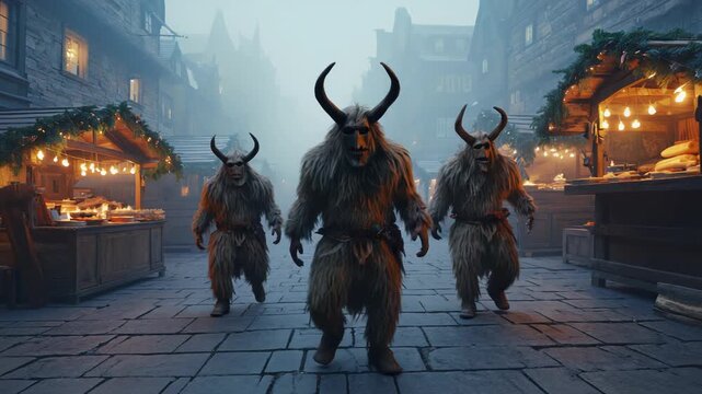 Krampus monster standing on a snowy cobblestone street at night, people gathering with torches during a winter Christmas festival, representing ancient alpine folklore and traditions