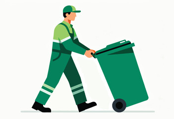 A person in a green uniform pushes a green waste bin on wheels, against a white background