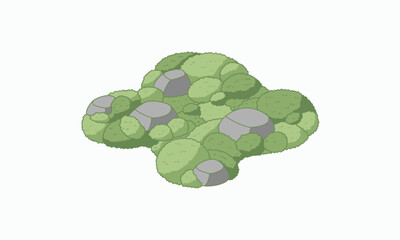 A stylized cartoon bush with lush, rounded green foliage and embedded grey stones.