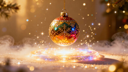 Colorful, ornate Christmas ornament floats above a glowing halo of light, surrounded by sparkling golden bokeh and holiday magic.