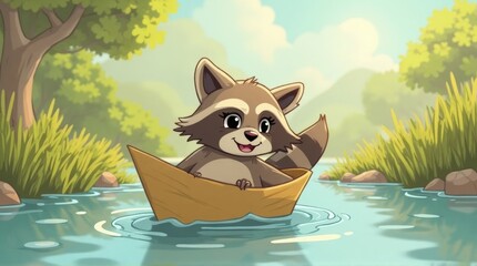 Cute Cartoon Raccoon in Small Wooden Boat on Calm River in Nature