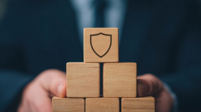 Businessman stacking wooden insurance blocks with shield icon in office setting for risk management strategy
