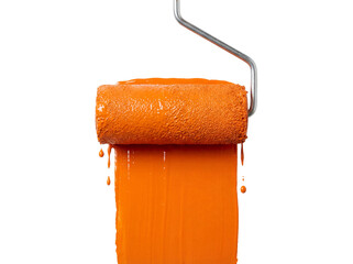 Orange paint roller with dripping paint isolated PNG, painting tool for home improvement and renovation projects on transparent background