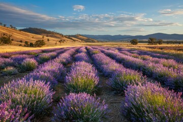 Lavender meadow at sunset with rolling hills and tranquil countryside