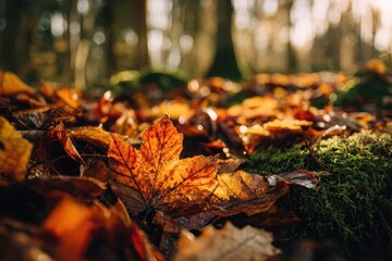 Layered autumn leaf litter on damp earth with sunlight and gentle depth of field