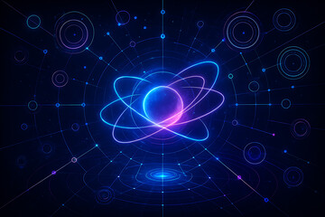 Abstract glowing atom particle structure with luminous blue and purple orbit paths on futuristic digital background
