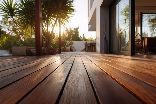 Low-angle photograph of an Ipe wood deck attached to a modern house during golden hour, emphasizing texture and seamless indoor-outdoor living