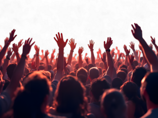 Energetic crowd with raised arms at a vibrant concert, feeling the music's power and celebrating shared joy and excitement, unity, and unforgettable moments