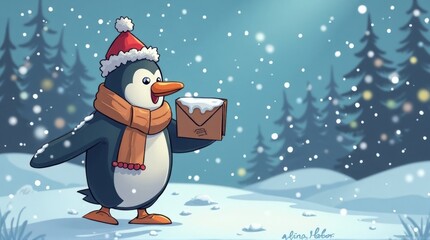 Cute Penguin Wearing Santa Hat and Scarf Holding Gift in Snowy Forest Scene