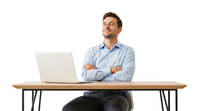 Relaxed scene showing man, businessman, office in modern environment with natural lighting for modern branding and lifestyle representation