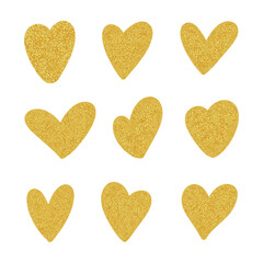 Golden glitter hearts for romantic designs, hand-drawn gold brushes heart on a transparent background for wedding and romantic designs