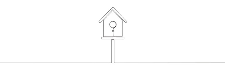 A continuous one-line drawing of a birdhouse on a stand, featuring its entrance hole and perch, against a white background