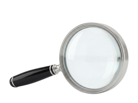 Magnifying glass PNG isolated on transparent background, classic silver rimmed magnifier with black handle for inspection and reading - Powered by Adobe