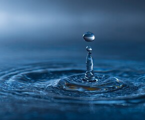 Close Up Water Drop Splash in Blue Tones with Ripples in Calm Surface