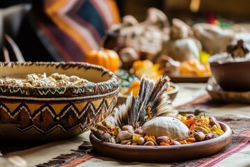 Naklejka premium Traditional foods displayed on table with Native American elder in ceremonial attire