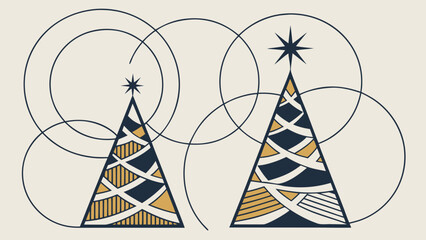 Two stylized christmas trees with geometric circles and star toppers