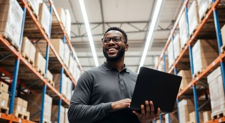 Man with laptop in warehouse checking inventory and smiling happily today at work