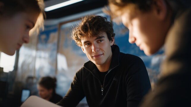 A student group participating in an observatory workshop, taking notes while an instructor explains telescope calibration with star maps pinned on the walls — STEM education, hands-on astronomy