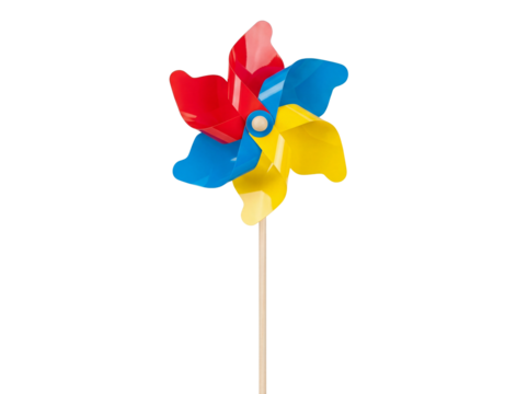 Colorful pinwheel toy isolated PNG on transparent background, red blue and yellow paper windmill for kids and summer fun