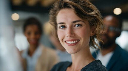A multicultural business team brainstorming around a digital whiteboard, smiling and exchanging ideas — international collaboration, inclusive workplace culture, and global innovation energy.