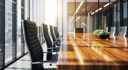 Modern conference room with large windows and wooden table and black leather chairs view