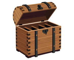 An open wooden treasure chest with an empty interior ready for adventure