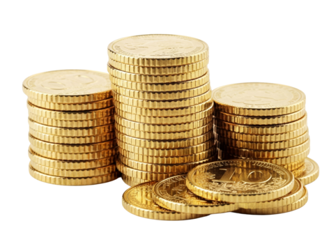 Pile of shiny golden coins isolated PNG, wealth and investment concept for finance and business themes on transparent background