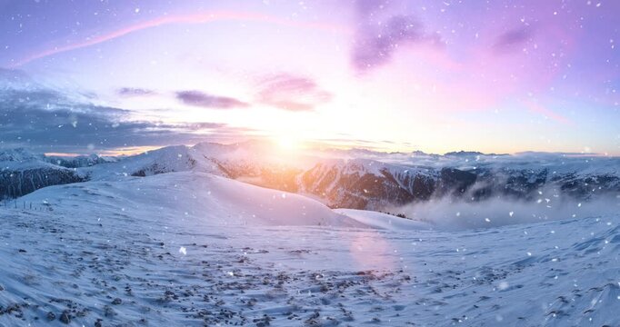 Snowflakes gently falling in slow motion create an atmospheric winter alpine scene. Ideal as a winter background or nature-themed visual for motion design and ambient video projects.