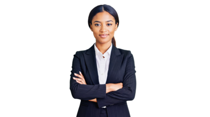 Business portrait of a young woman with long straight hair wearing grey tailored blazer, cream silk top and pearl earrings on transparent background