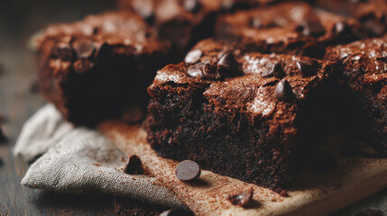 Pieces of chocolate brownie cake with chocolate chips around. Generative AI image