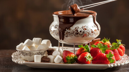Chocolate fountain in ceramic pot with strawberries and marshmallows ready for dipping. Generative AI image