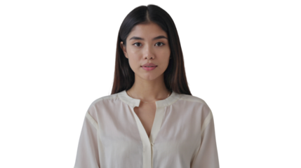 Business portrait of a young woman with long straight hair wearing grey tailored blazer, cream silk top and pearl earrings on transparent background