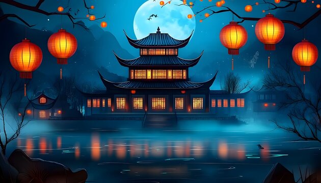 Mid-autumn festival: traditional Chinese building, lanterns.