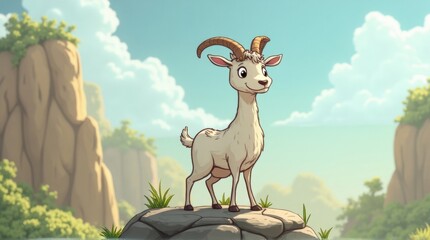 Cute Cartoon Goat Standing on Rock in Mountain Landscape with Blue Sky and Clouds