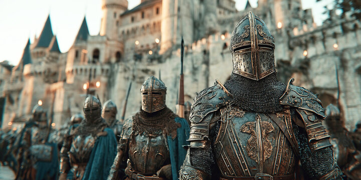 Knights prepare for battle in front of a majestic medieval castle during the Middle Ages