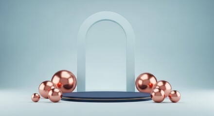 Minimalist display podium with rose gold spheres against light blue background