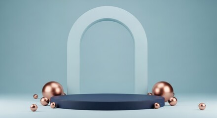 Minimalist stage display with dark platform and rose gold spheres.